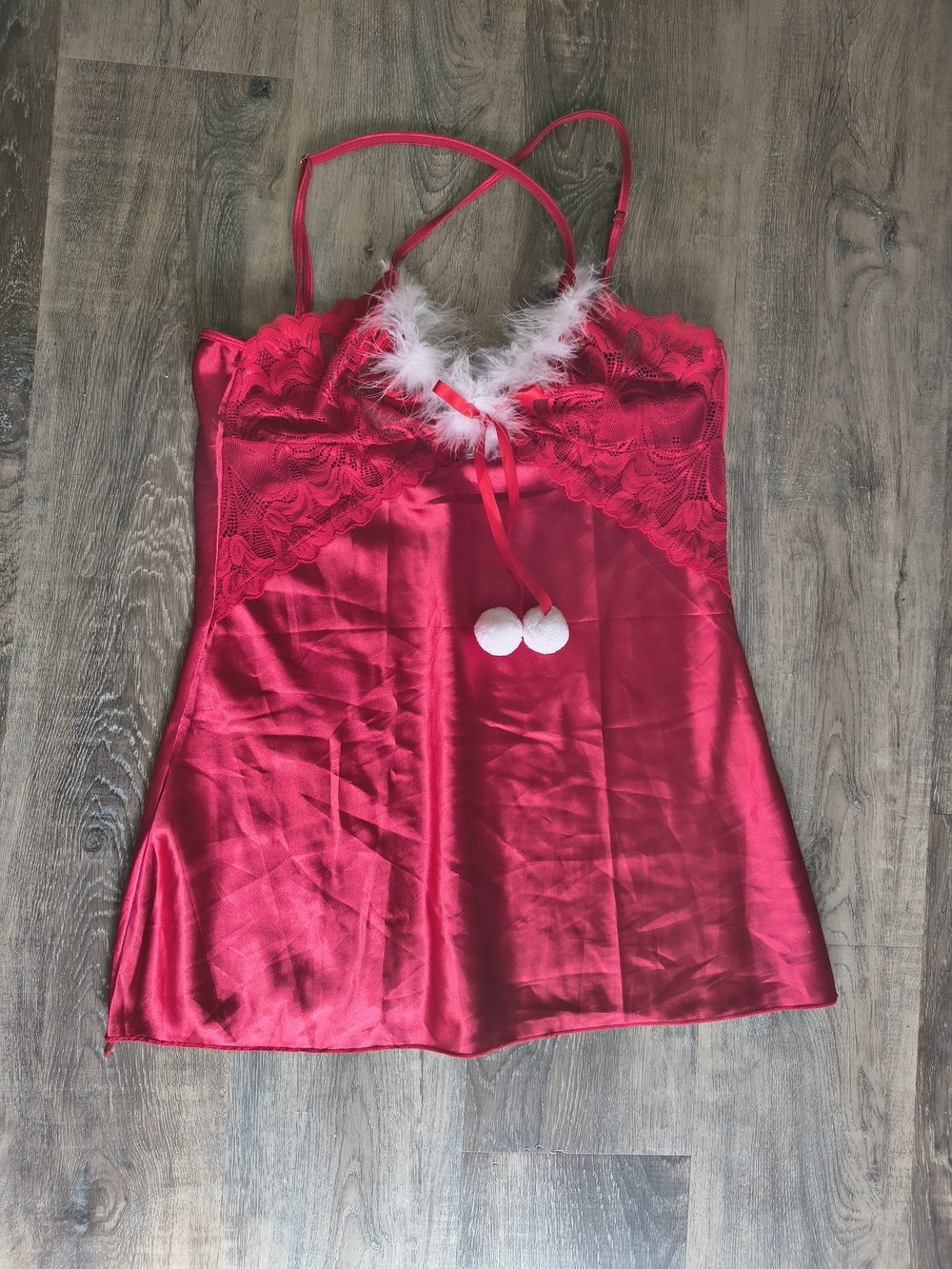 Satin Lace Chemise with Feather Trim in Red
